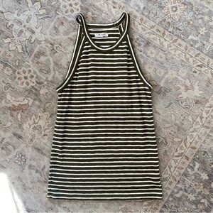 Madewell Olive and White Striped High Neck Sleeveless Tank Top